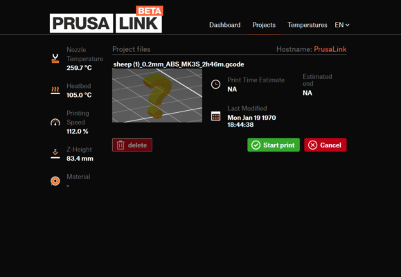 Impression sur la MK3/S/+ via PrusaLink