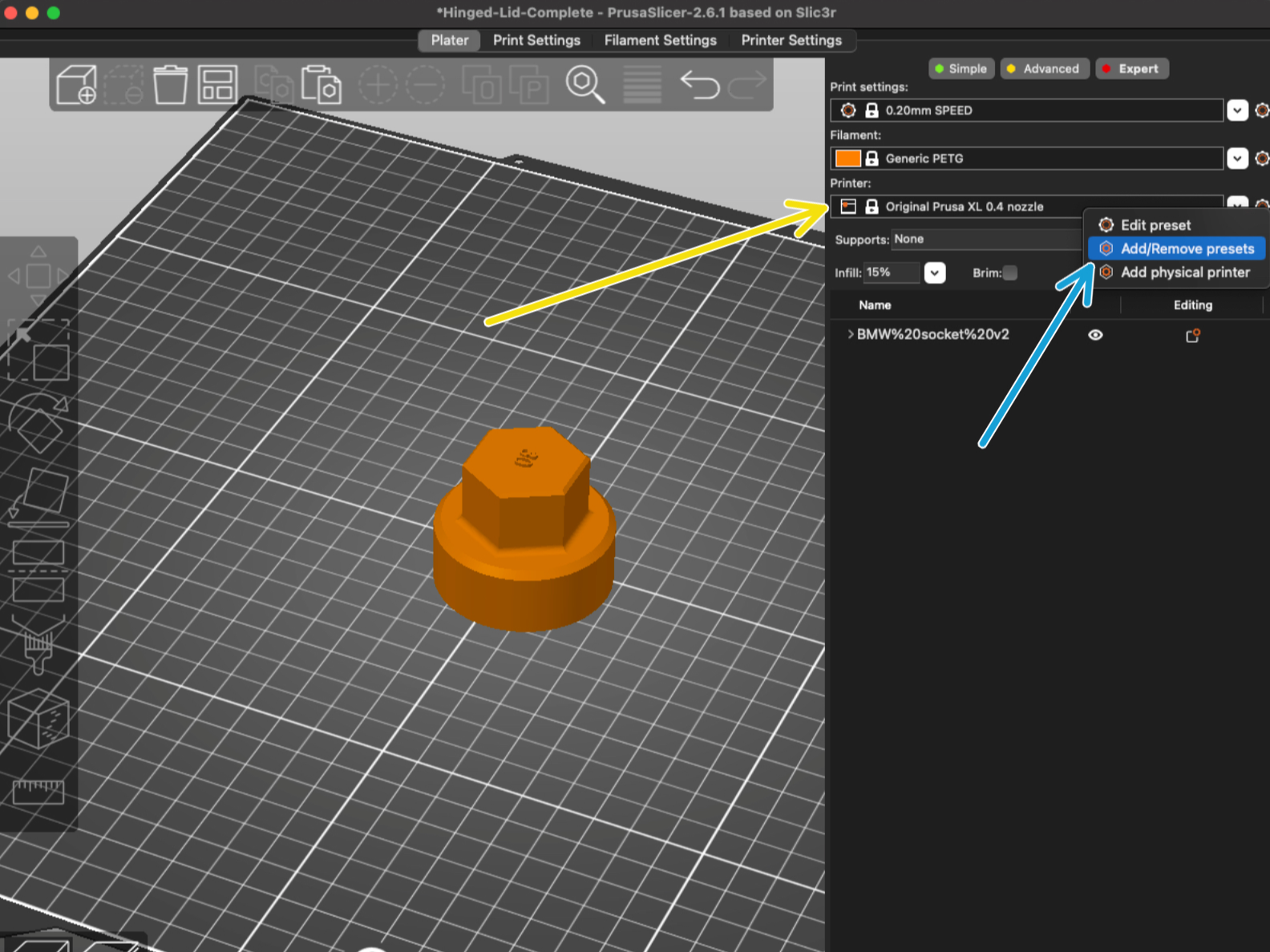 Setting the nozzle diameter