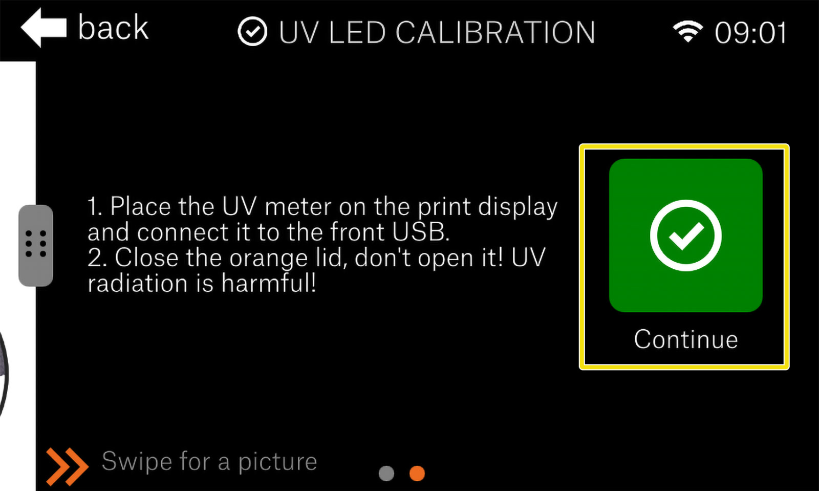 Posizionamento e collegamento del calibratore UV